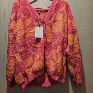 NWT J. NNA PINK & ORANGE CARDIGAN SWEATER SIZE LARGE